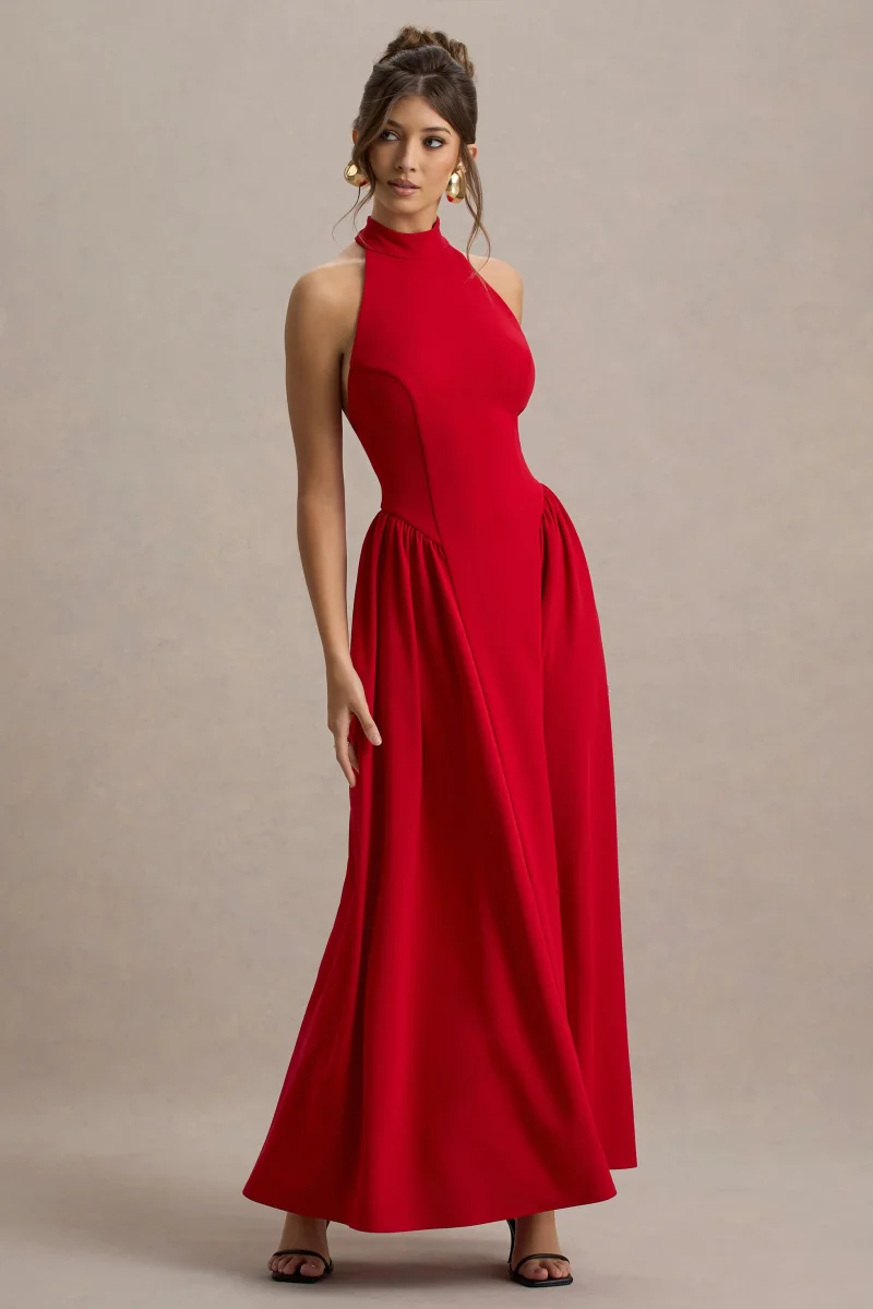 Cynthia | Vestido largo Rojo con Escote Alto y Falda Voluminosa - Imagen 6