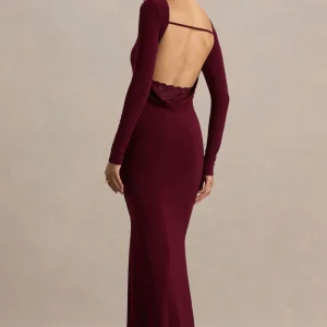 Estelle | Vestido Largo Burdeos Con Escote Barco, Espalda Abierta y Detalle de Encaje