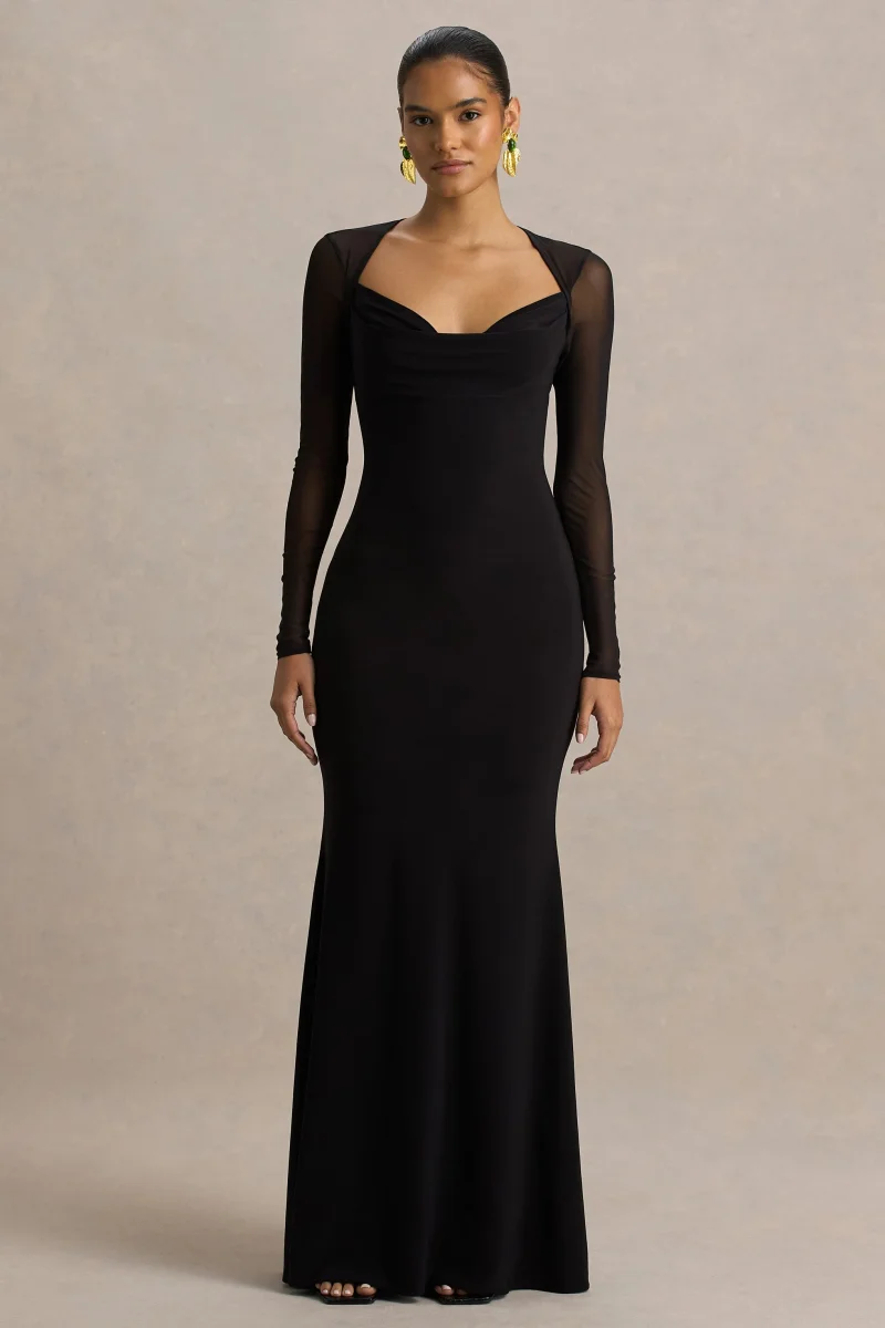 Bethan | Vestido Largo Negro Con Escote Drapeado, Mangas De Malla y Espalda Abierta - Imagen 4