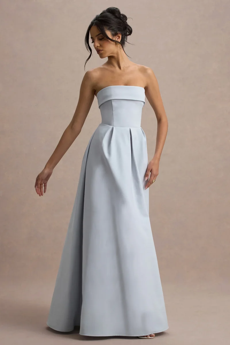 Maddalena | Vestido largo en azul empolvado con falda plisada - Imagen 5
