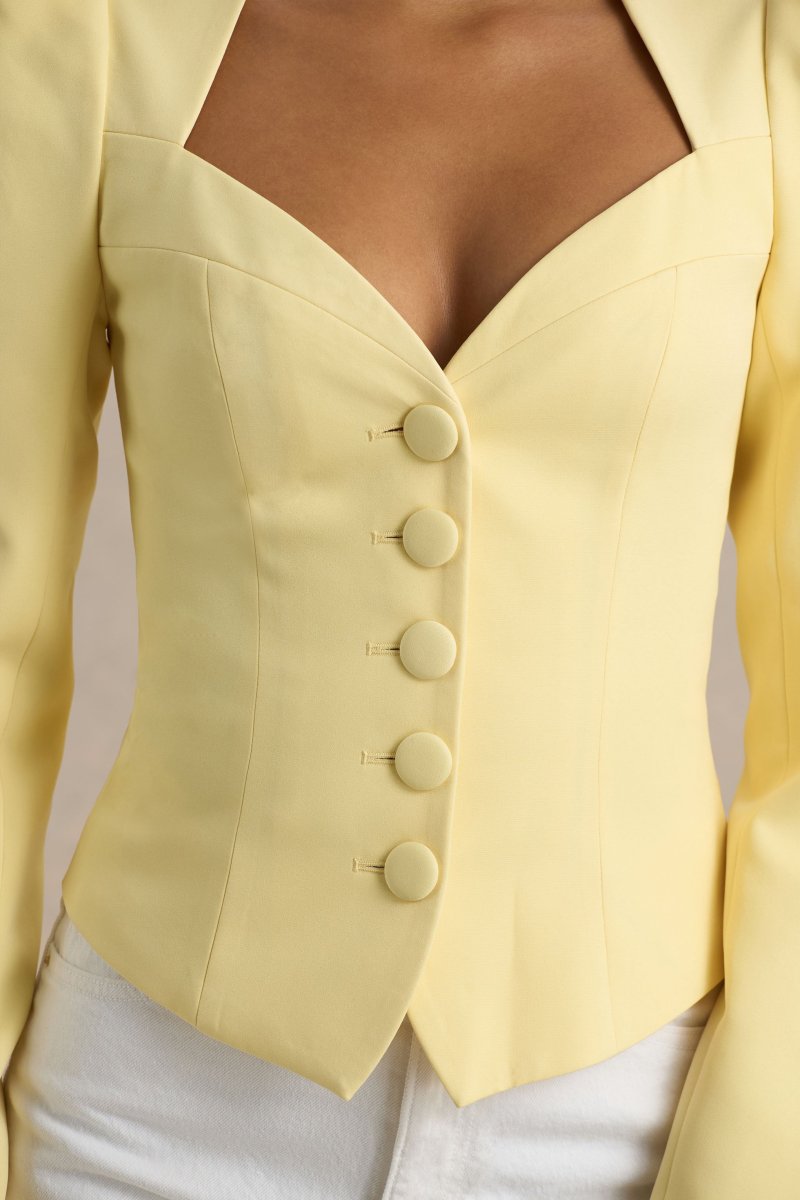 Olympia | Top de manga larga amarillo con escote corazón y detalle de botones forrados - Imagen 4