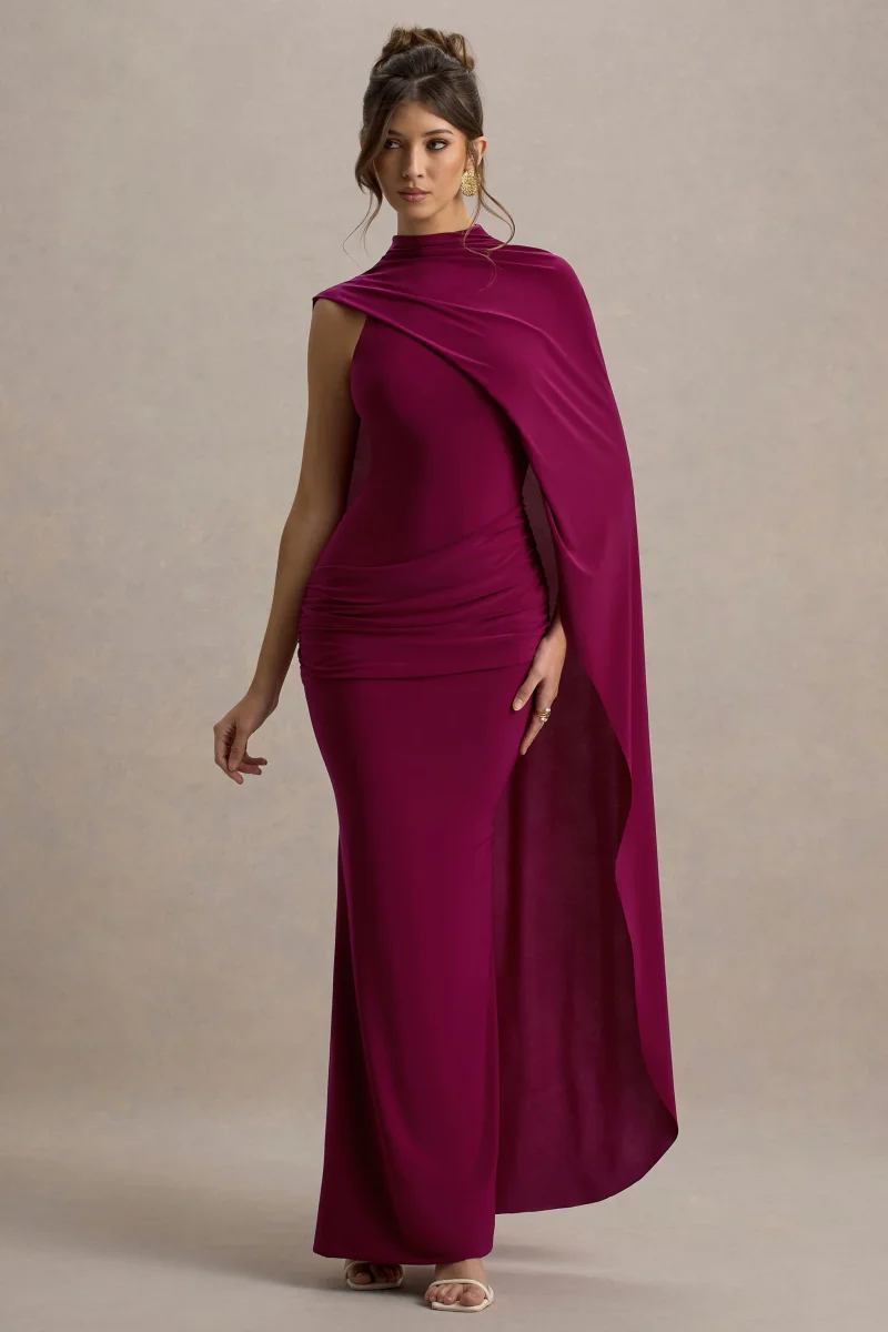 Maeve | Vestido largo en Burdeos con Manga Capa Drapeada - Imagen 6