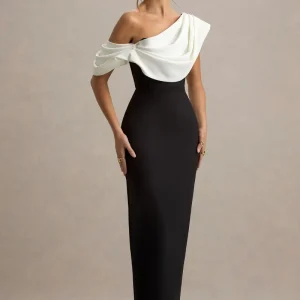 Angelina | Vestido largo negro y escote asimétrico con detalle drapeado en blanco