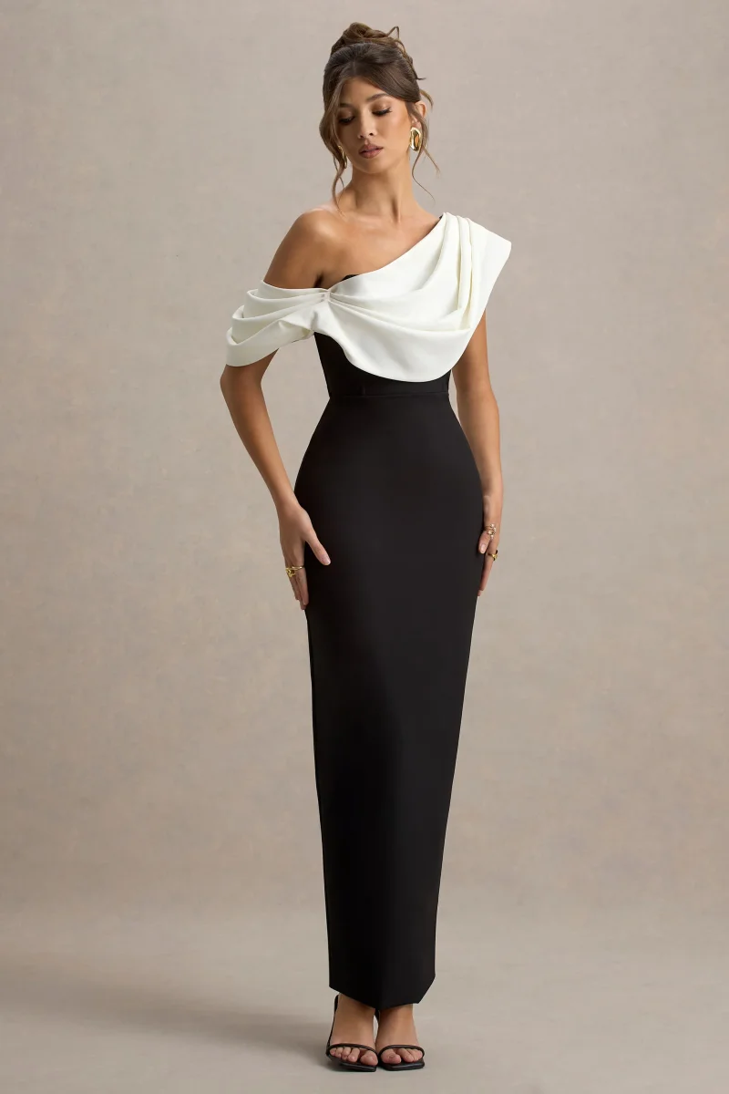 Angelina | Vestido largo negro y escote asimétrico con detalle drapeado en blanco - Imagen 2