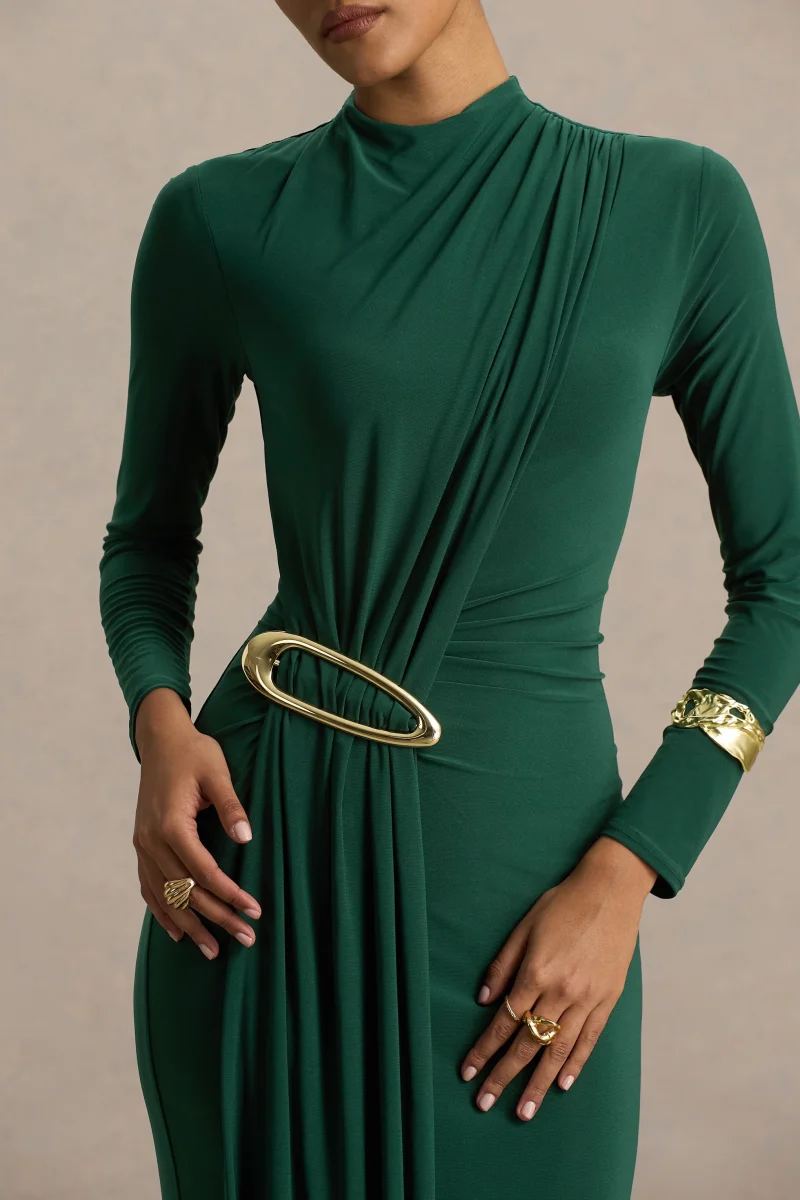 Zadie | Vestido Largo verde azulado de cuello alto con detalle fruncido - Imagen 6