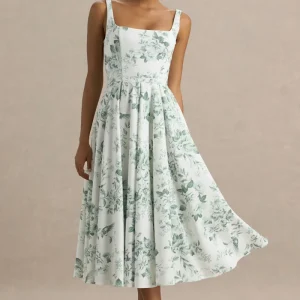 Lissa | Vestido Midi con Escote Cuadrado y Estampado Verde floral