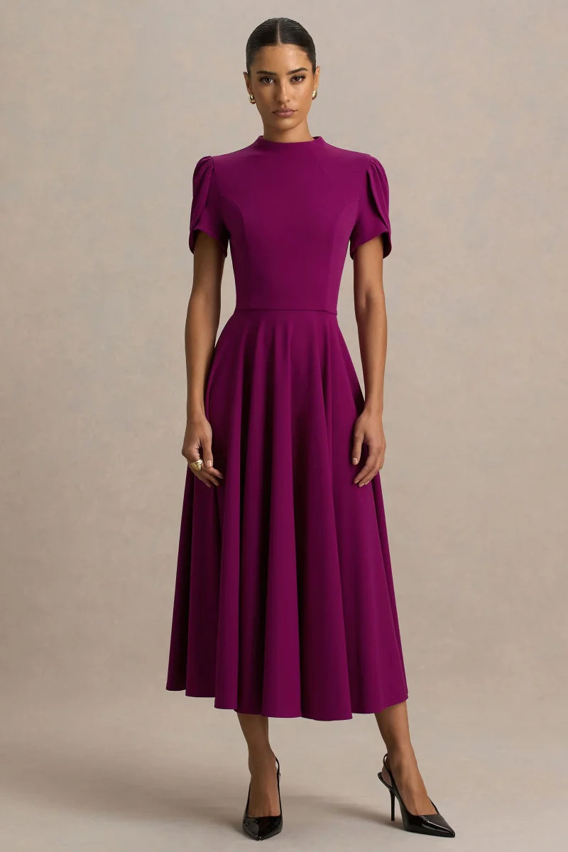 Vicky | Vestido Midi Color Morera Con Escote Alto Y Mangas Abullonadas - Imagen 6