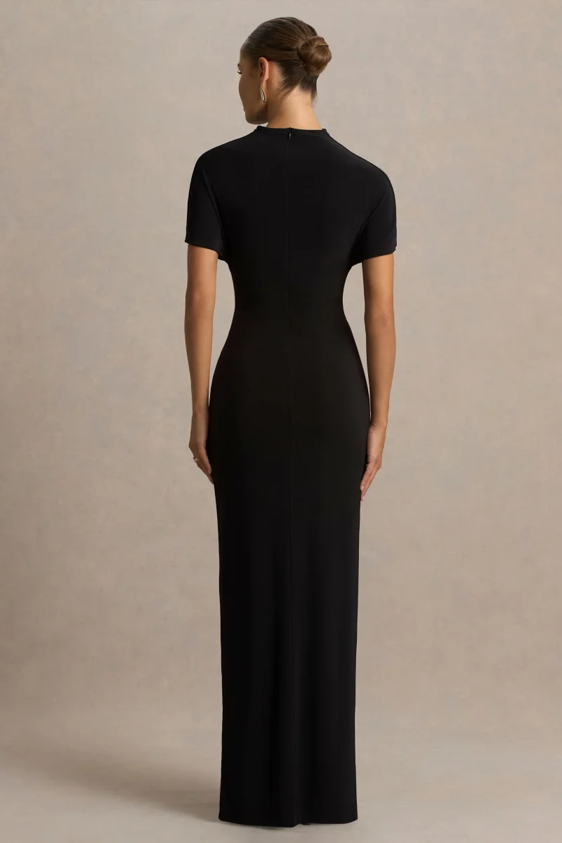 Arlena | Vestido Largo Negro con Escote Alto y Detalle Envolvente - Imagen 3