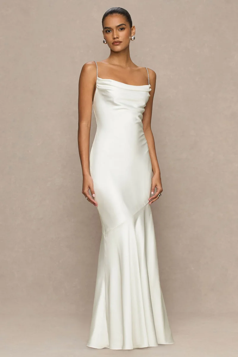 Maelia | Vestido largo de satén color crema con escote drapeado y tirantes adornado - Imagen 6