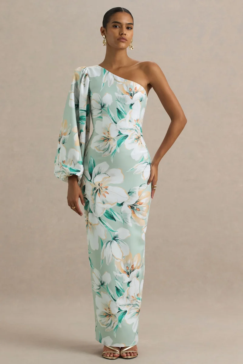 Kellis | Vestido largo Asimétrico con Manga Abullonada en Estampado Floral Verde - Imagen 7