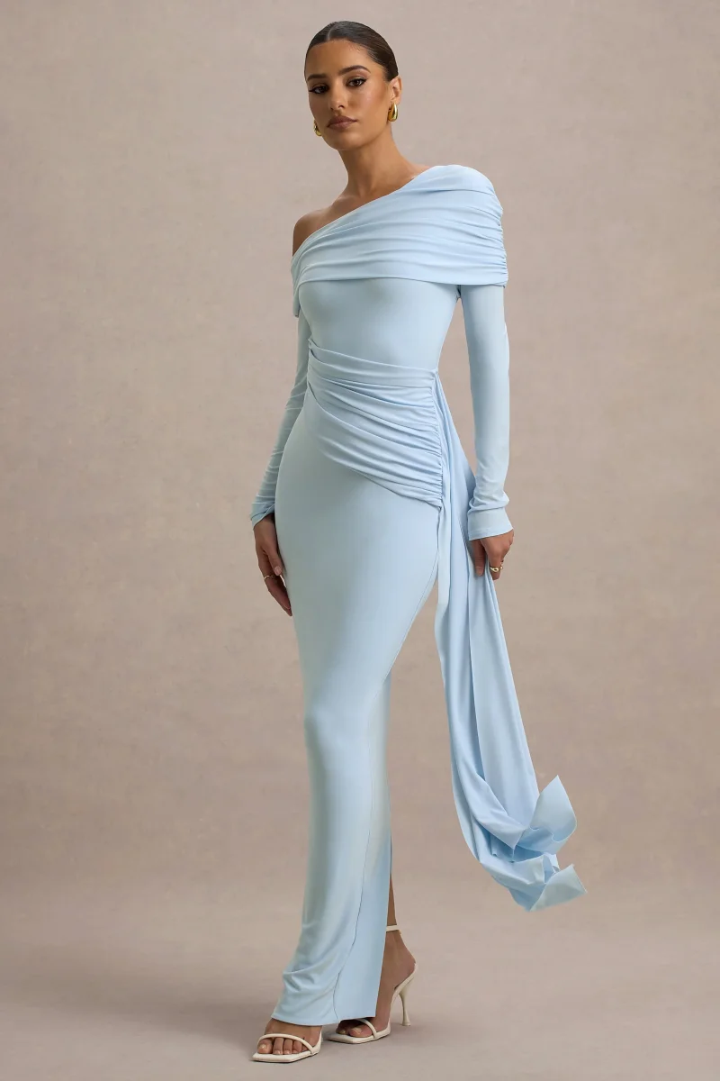 Valina | Vestido largo Azul bebé con mangas largas y drapeado lateral - Imagen 6