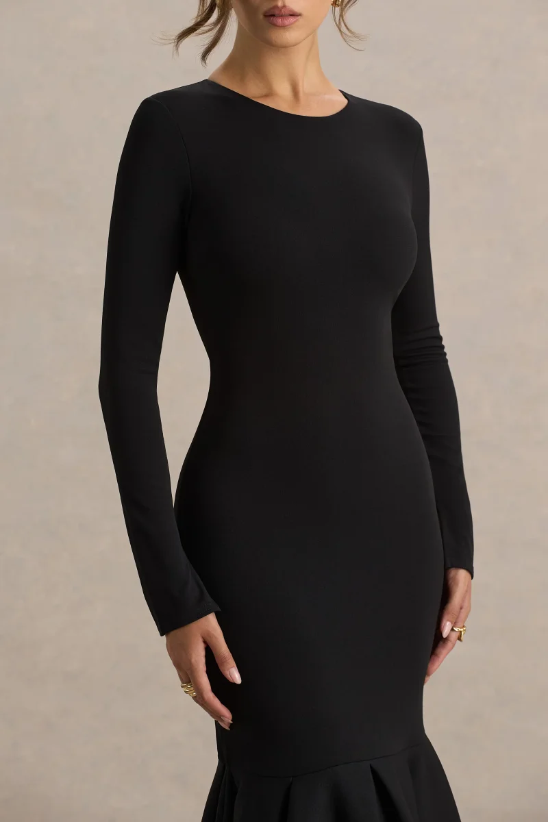Liberty | Vestido midi negro con mangas largas y bajo con volante - Imagen 6