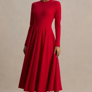 Bellamy | Vestido Midi Rojo con Escote Redondo y Mangas Largas