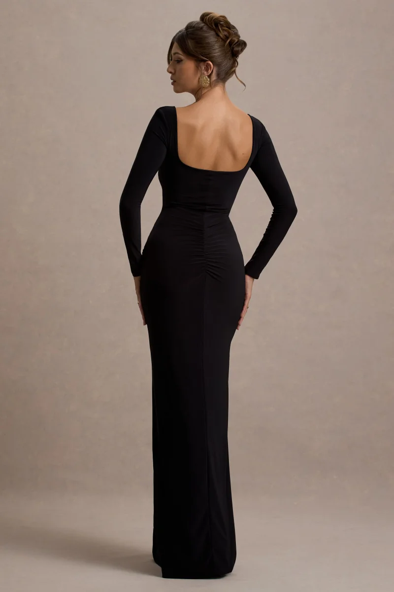 My Pleasure | Vestido Largo Negro con Cuello Cuadrado y Fruncido - Imagen 3