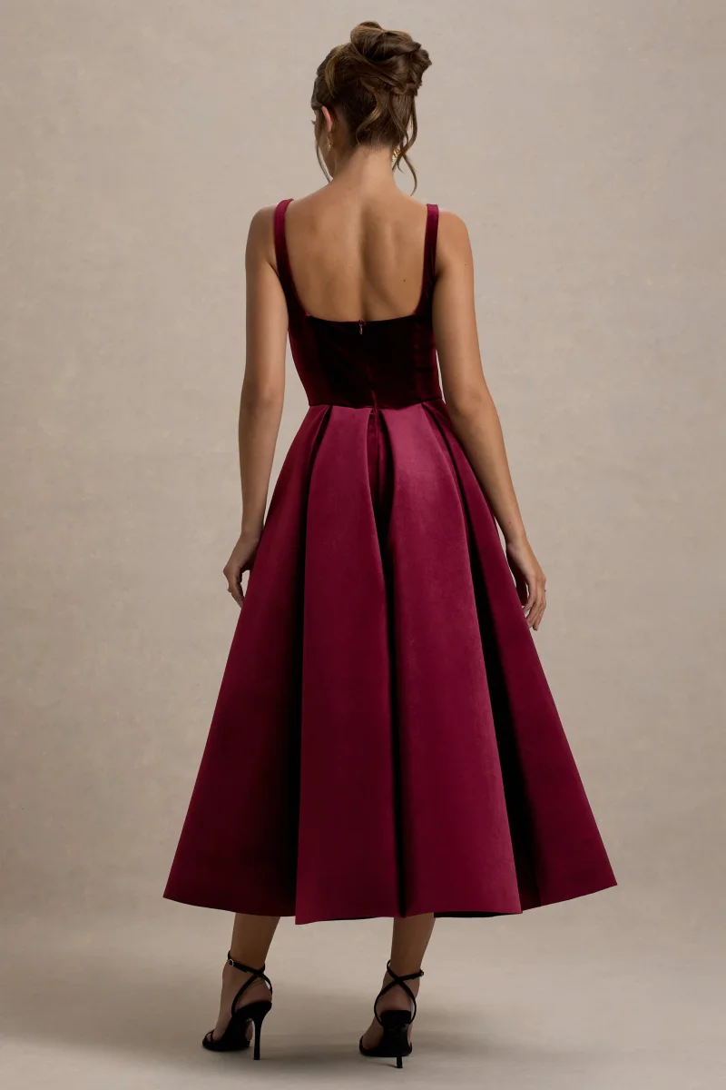 Francisca | Vestido midi de terciopelo burdeos con falda plisada - Imagen 3