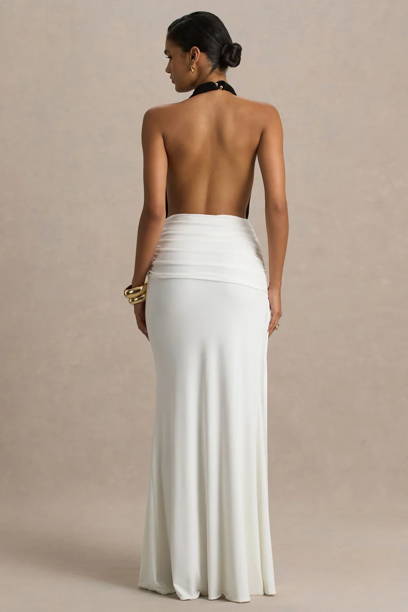 Tilly | Vestido Cruzado Largo Negro Y Blanco Con Escote Profundo Extremo Y Detalles Fruncidos - Imagen 3