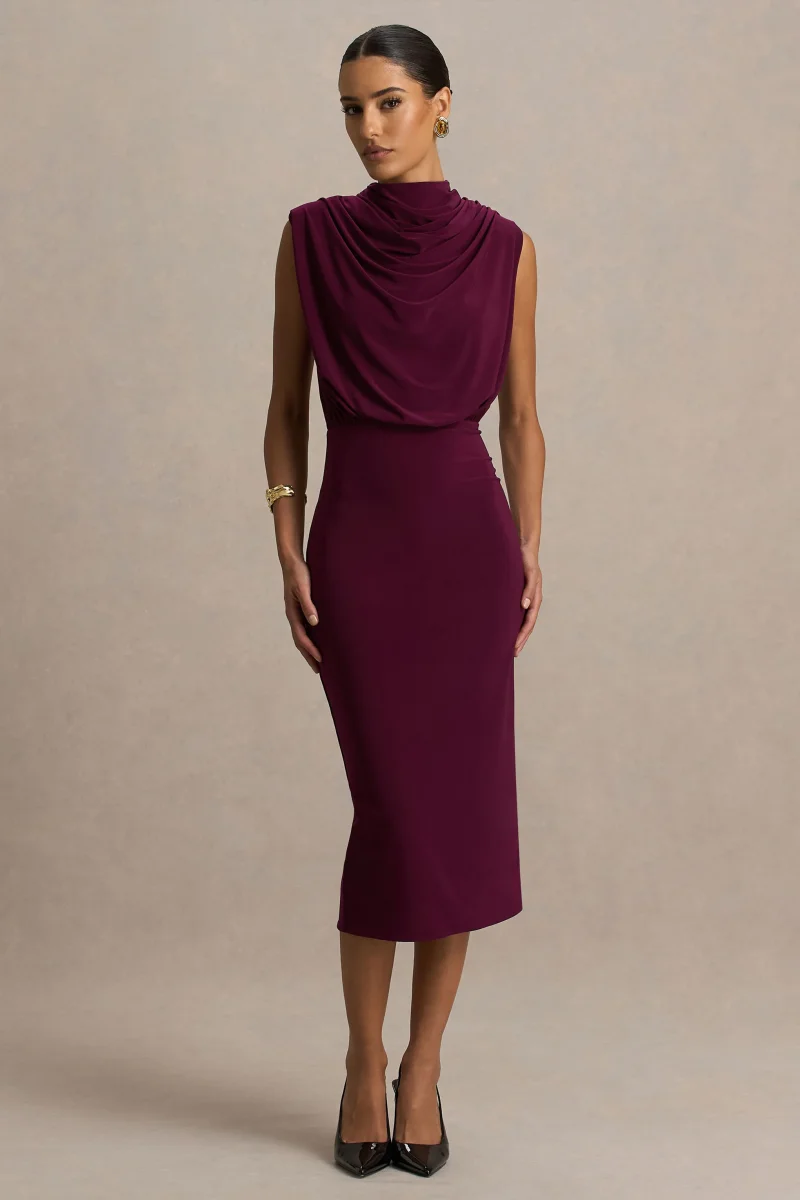 Hermia | Vestido Midi Burdeos De Cuello Alto Sin Mangas - Imagen 5