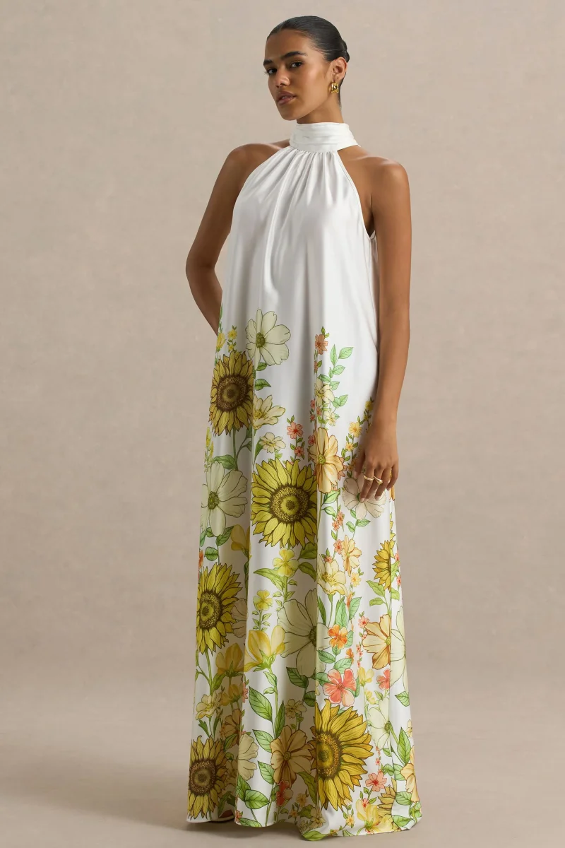 Glide | Vestido largo satinado con detalle de cuello con lazo y estampado de girasoles - Imagen 8