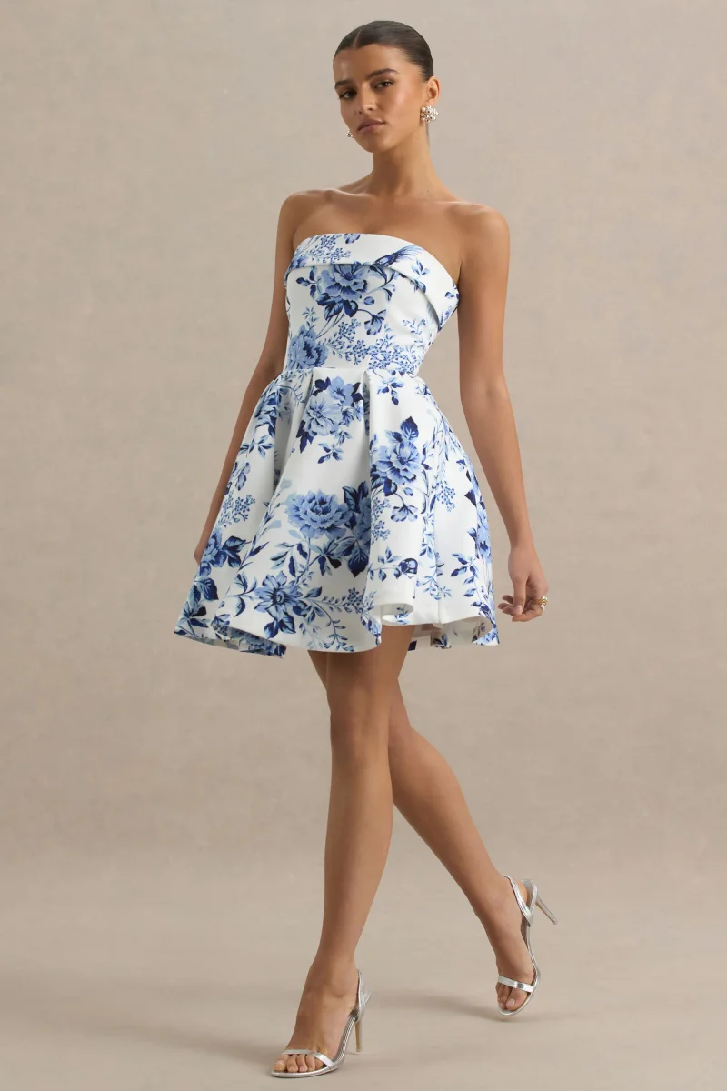 Fiorenza | Vestido corto con falda plisada y estampado floral azulado - Imagen 5