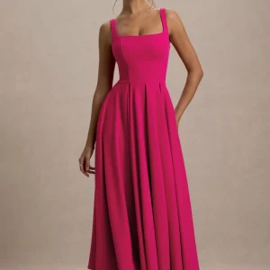Parina | Vestido midi fucsia con escote cuadrado y falda voluminosa