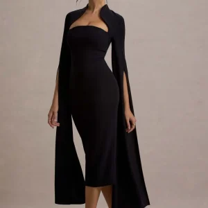 Linden | Vestido midi ajustado al cuerpo con mangas en color negro