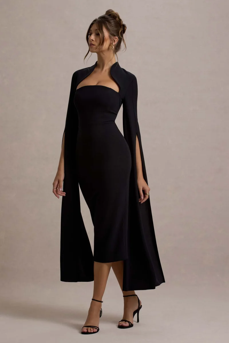 Linden | Vestido midi ajustado al cuerpo con mangas en color negro - Imagen 2