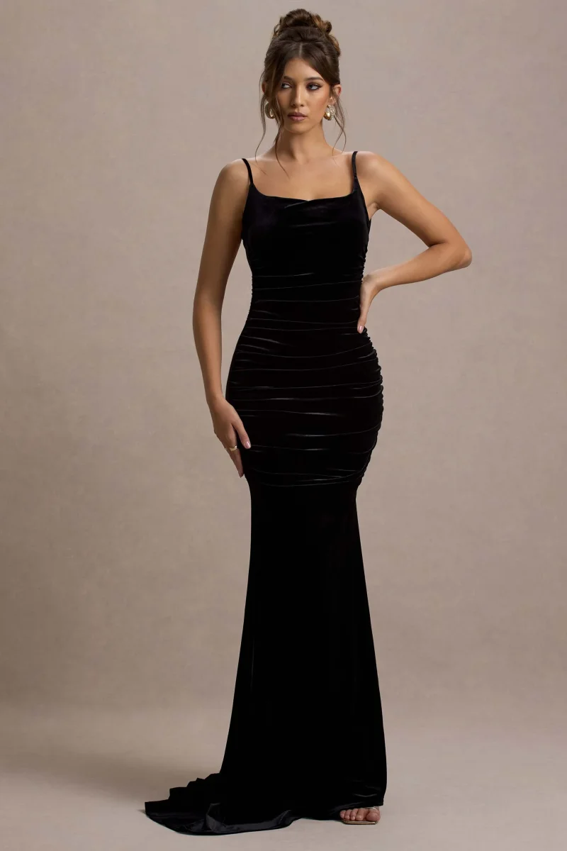 Adele | Vestido Largo Cola de Sirena con Tirantes y Fruncido de Terciopelo Negro - Imagen 6