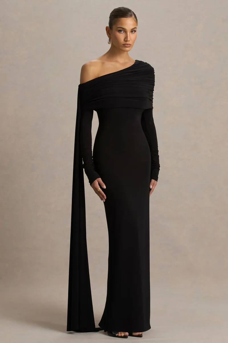 Octavia | Vestido Largo Negro Con Escote Bardot Capa Y Detalles Fruncidos - Imagen 6