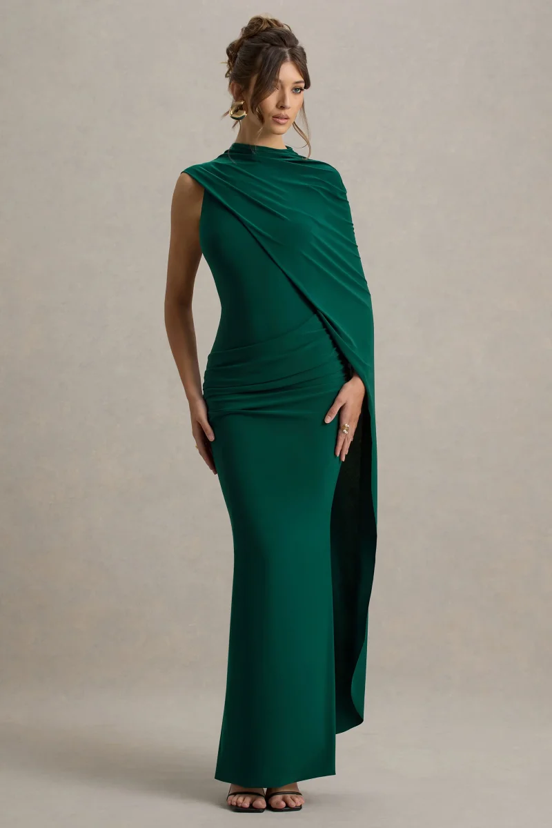 Maeve | Vestido largo Verde Botella con Manga Capa Drapeada - Imagen 2