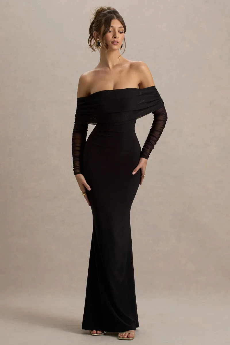 Madeleine | Vestido largo Negro ajustado al cuerpo con mangas largas de malla y escote bardot - Imagen 7