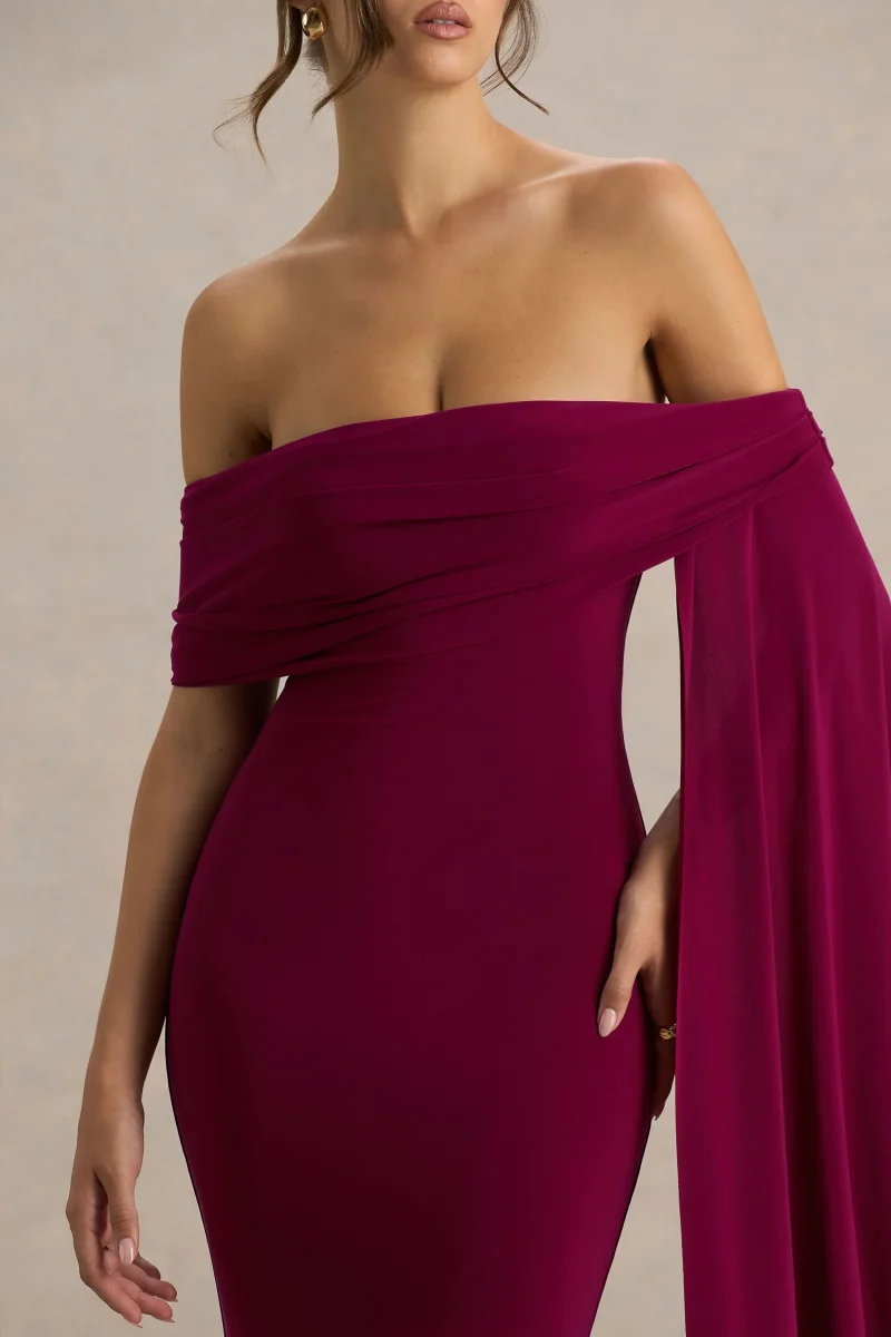 Saffina | Vestido Largo Burdeos con Escote Bardot y Detalle de Fajín - Imagen 7