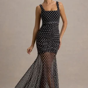 Galaxia | Vestido largo de lunares con malla transparente en el bajo