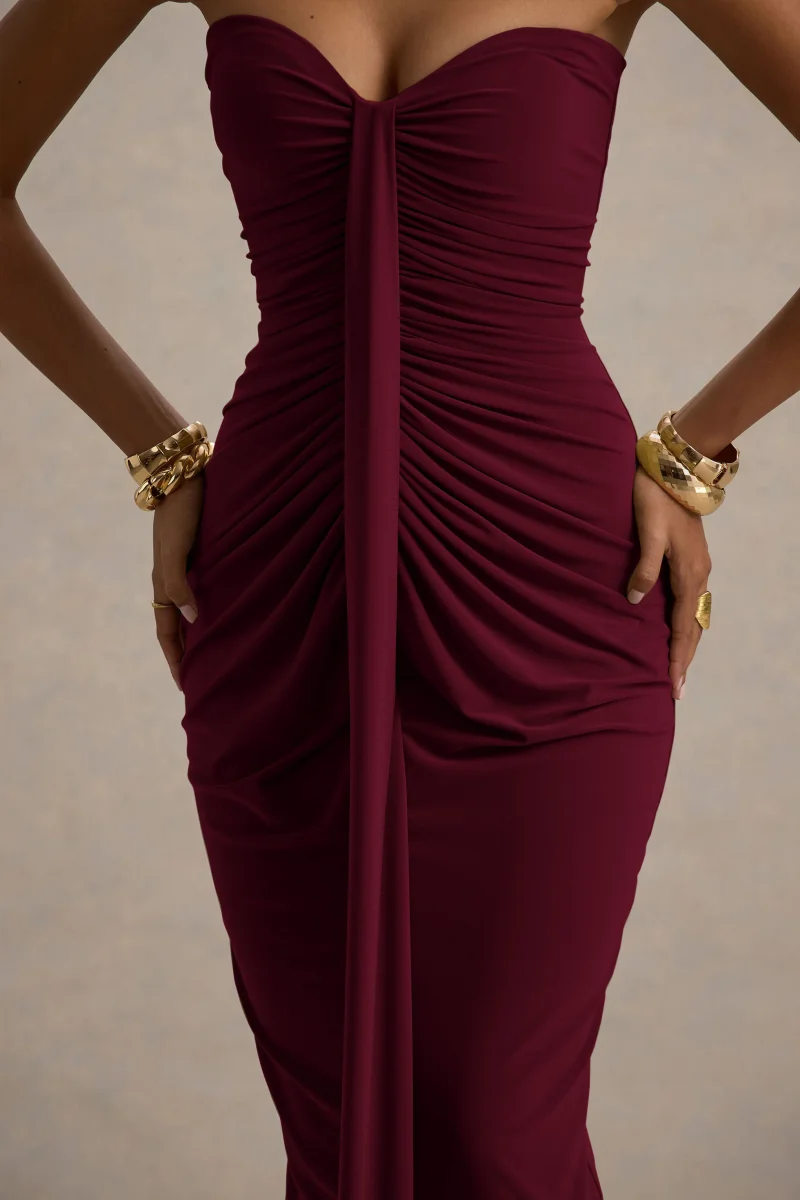 Ali | Vestido Largo Burdeos con Escote Corazón, Drapeado y Lazo - Imagen 7