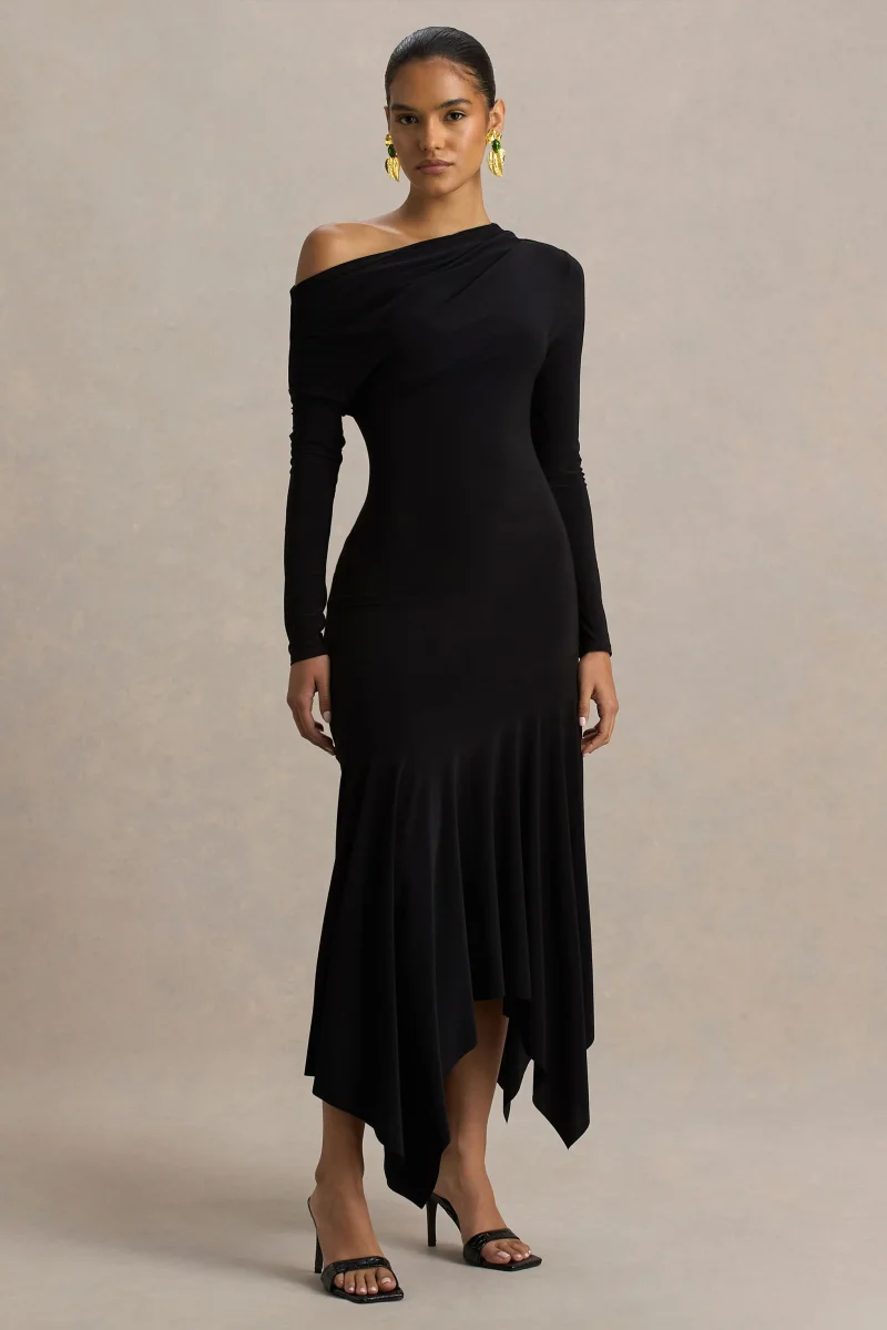 Isola | Vestido Midi Negro con Escote Asimétrico y Cintura Caída - Imagen 5