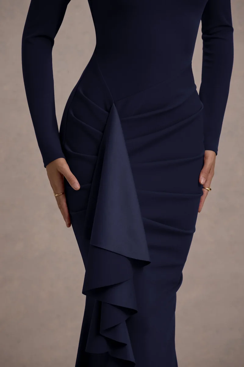 Alayna | Vestido largo ajustado al cuerpo de manga larga con volante lateral en color azul oscuro - Imagen 5