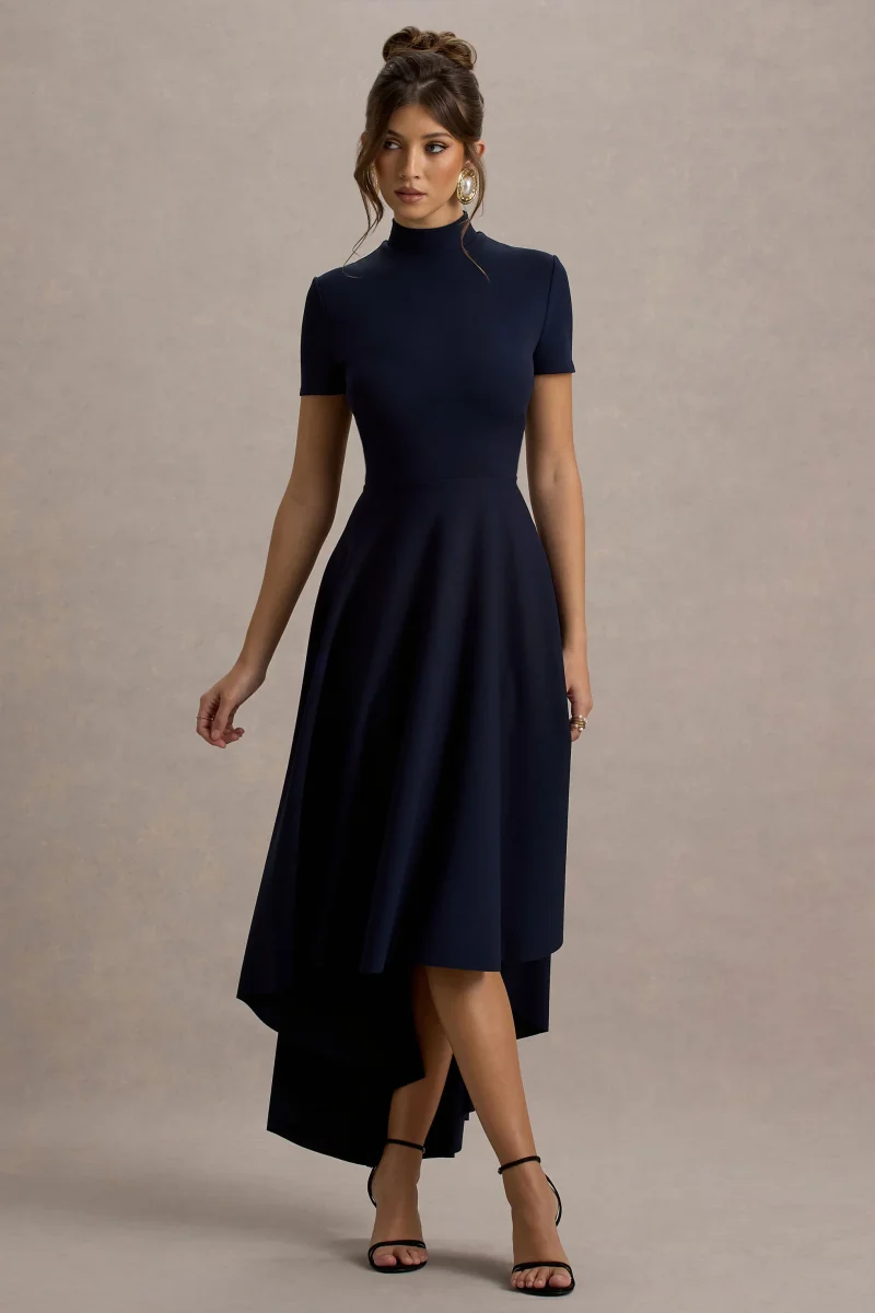 Bellona | Vestido midi azul marino con mangas cortas y falda asimétrica - Imagen 2