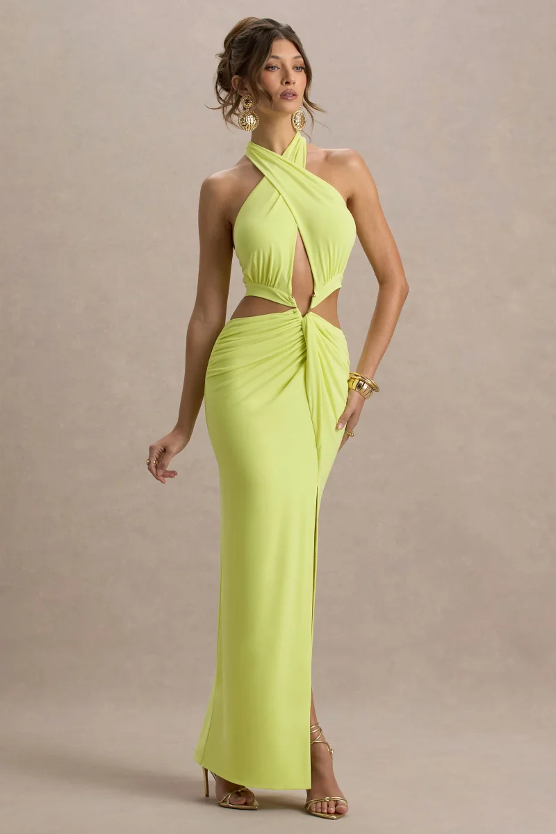 Aura | Vestido largo en Verde Lima con Escote Halter y detalles de aberturas - Imagen 6