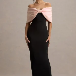 Cornelia | Vestido largo Rosa y Negro Sin Tirantes con Lazo Oversized