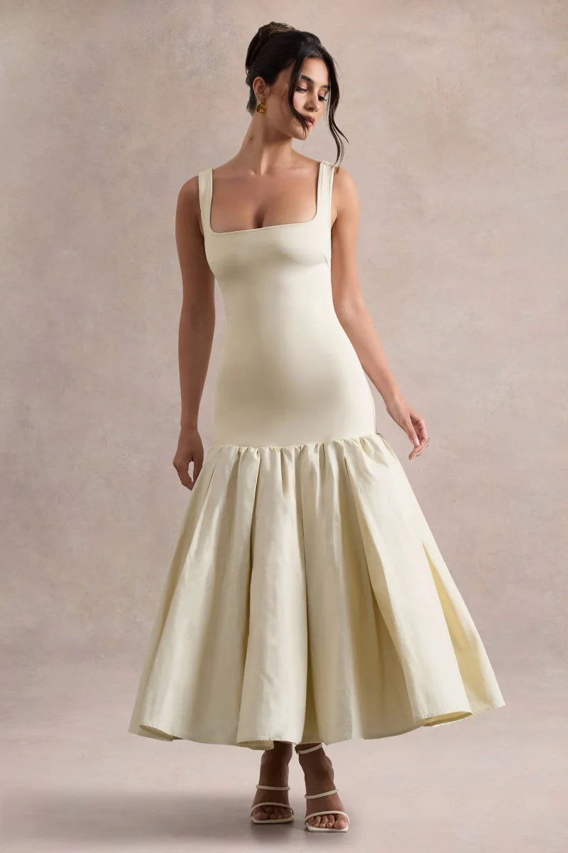 Parida | Vestido midi de popelina en crema con cintura caída y dobladillo con volante - Imagen 8