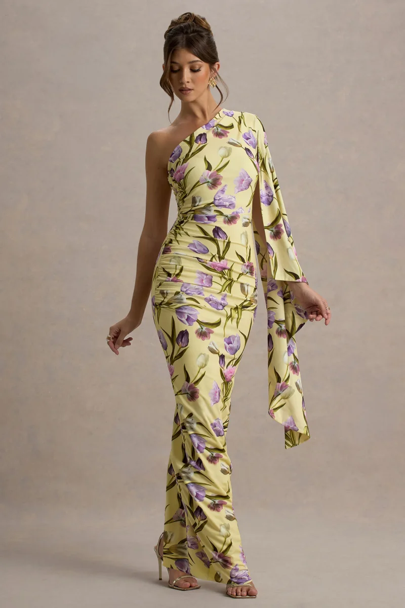 Clementina | Vestido largo con estampado floral y manga larga y drapeada - Imagen 7