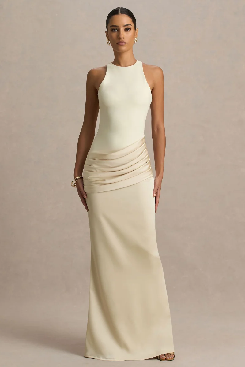 Akari | Vestido Largo Crema de Cuello Redondo con Falda de Satén - Imagen 6