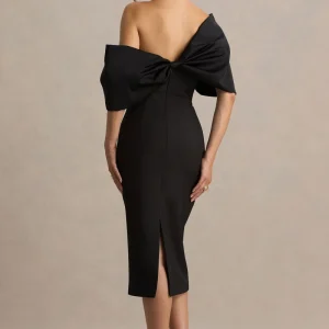 Lucille | Vestido midi negro con escote bardot asimétrico