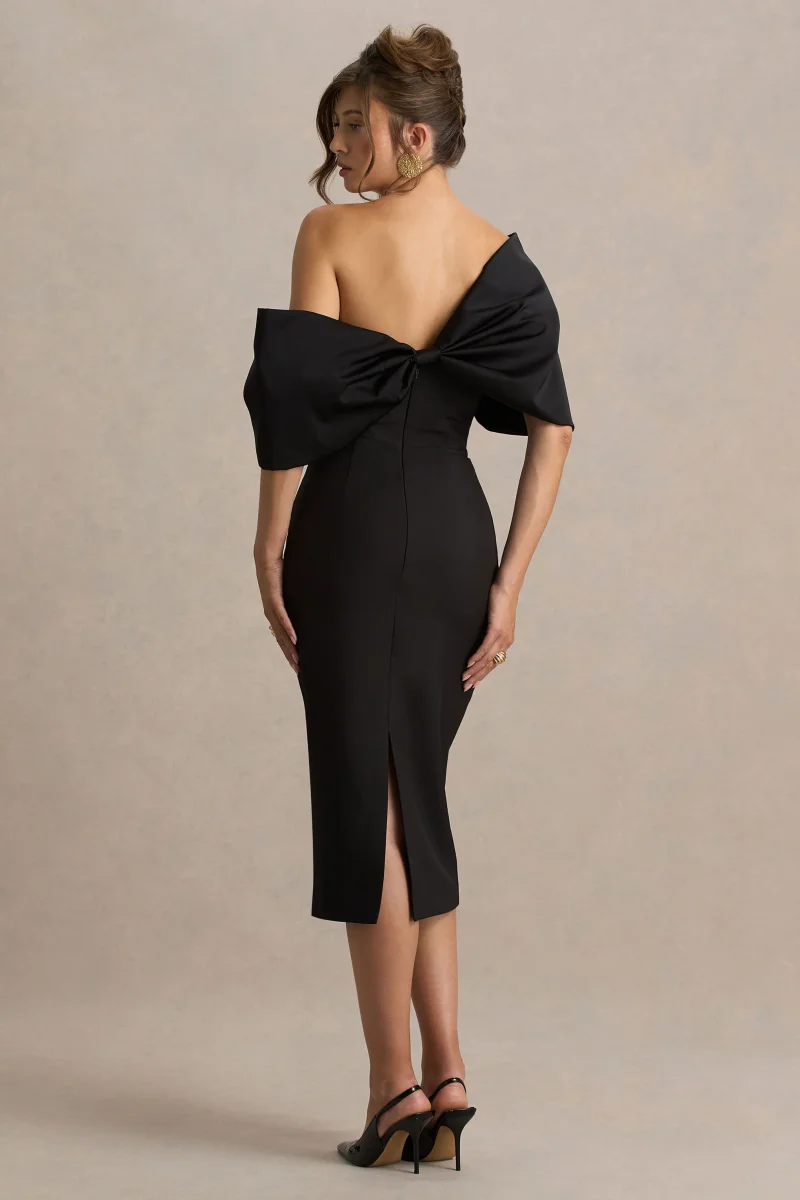 Lucille | Vestido midi negro con escote bardot asimétrico - Imagen 2