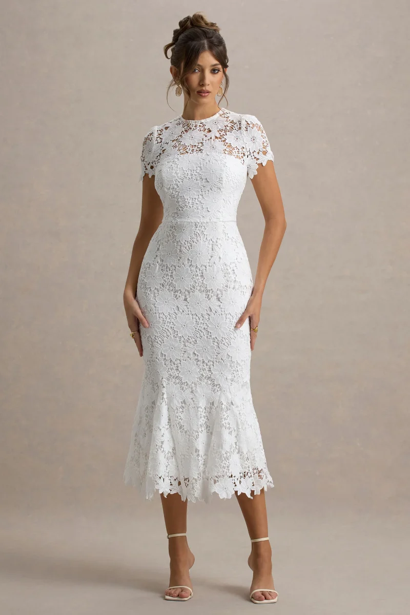 Clarissa | Vestido midi de encaje blanco con mangas cortas - Imagen 6
