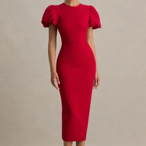 Dakota |  Vestido midi rojo con mangas abullonadas