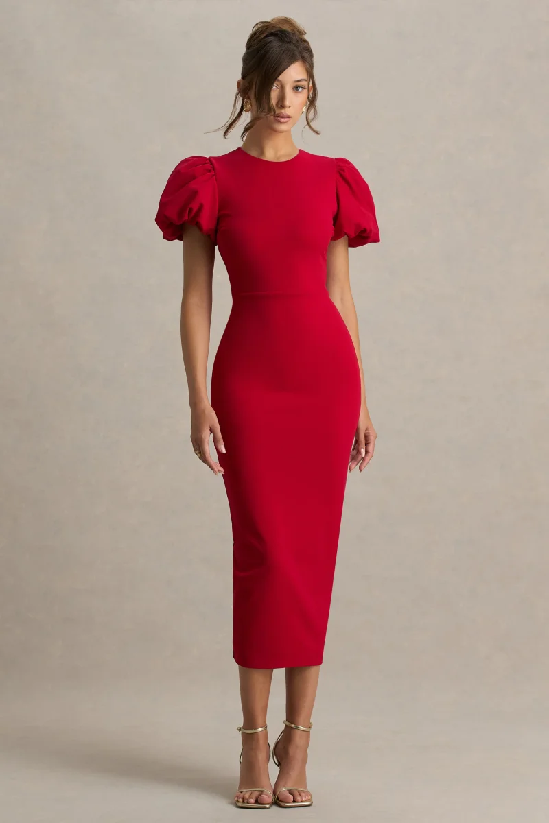 Dakota | Vestido midi rojo con mangas abullonadas