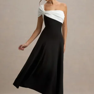 Malta | Vestido Midi Blanco y Negro con Un Solo Hombro