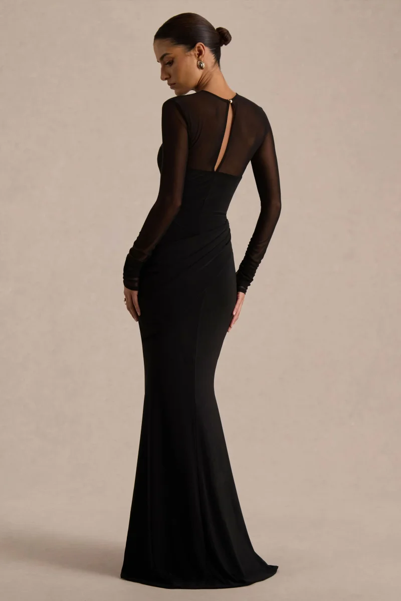 Deema | Vestido Largo Negro de Jersey y Malla con Cuello Alto - Imagen 3