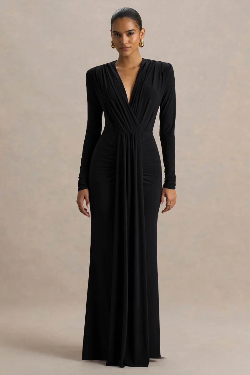 Flashy | Vestido Largo negro con escote pronunciado y detalles fruncidos - Imagen 6