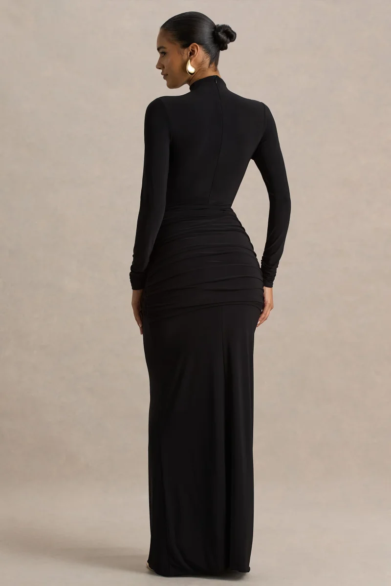 Alula | Vestido Largo Negro con Escote Alto y Detalle de Nudo - Imagen 3